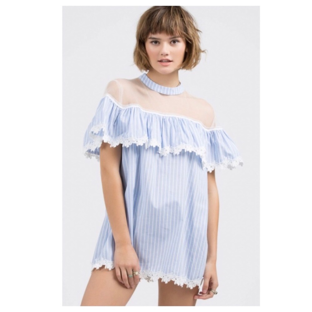 POL Blue White PinStripe Mesh & Lace Tunic Blouse - Picture 8 of 10
